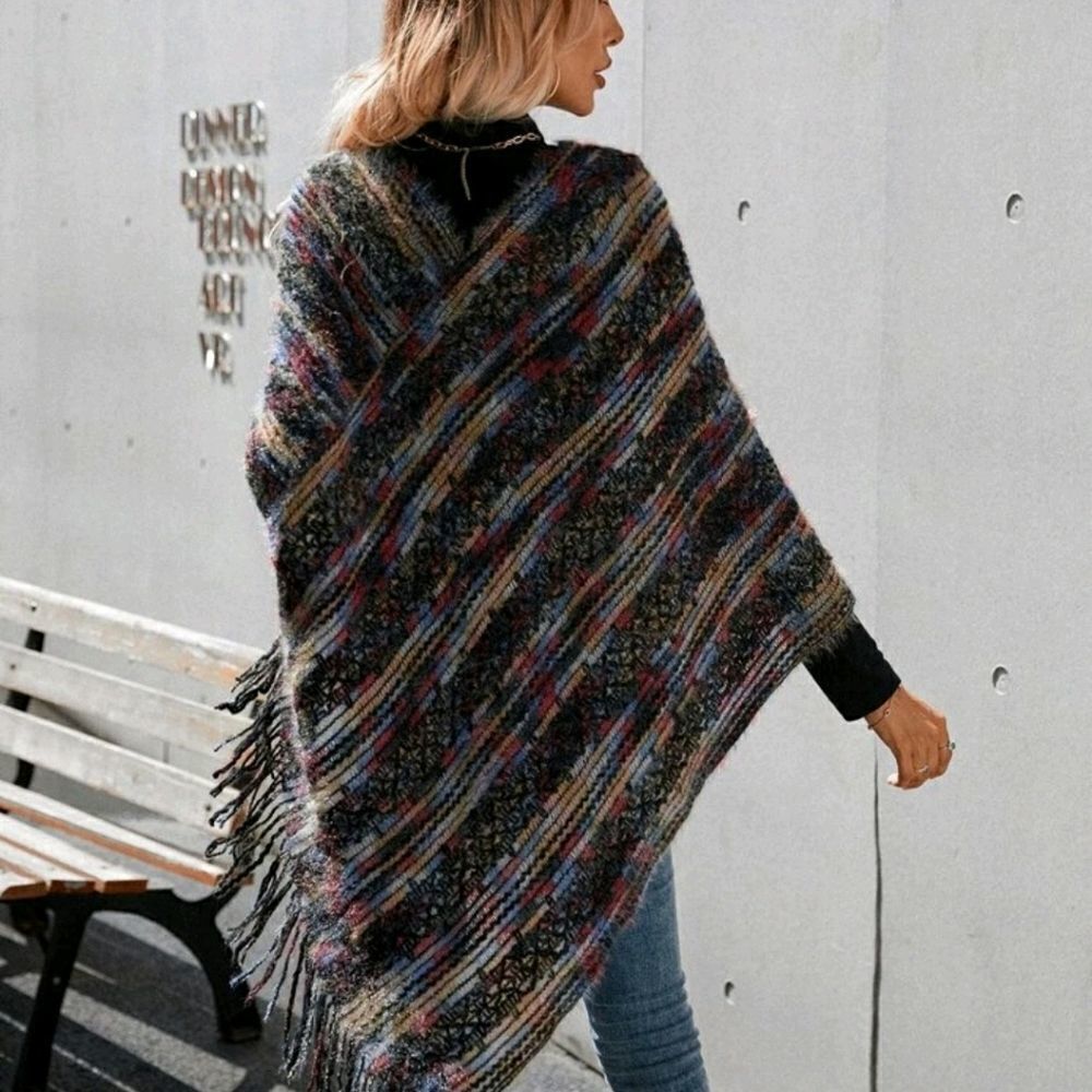 High Neck Fringe Hem Knit Poncho - Picture 2 of 6
